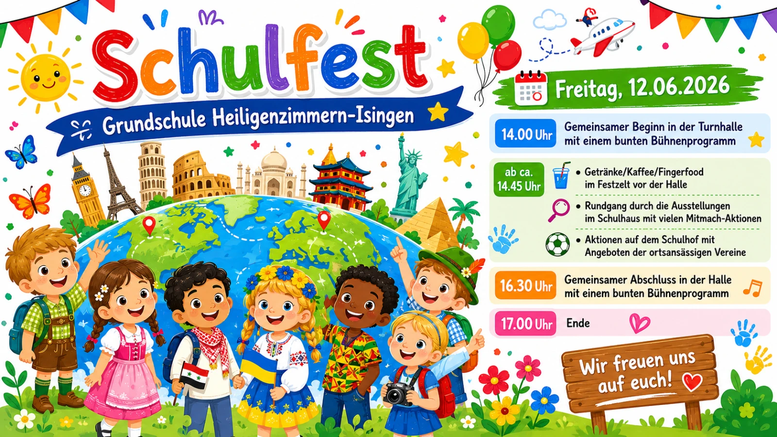 Schulfest 2026 – Einladungsplakat der Grundschule Heiligenzimmern-Isingen, Freitag 12. Juni 2026, 14 bis 17 Uhr